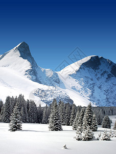 高雪山峰和冰川岩石与蓝天图片