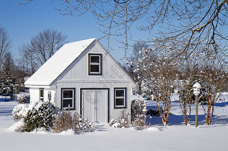 一天后雪雨花园的房子坐在雪中与花背景图片