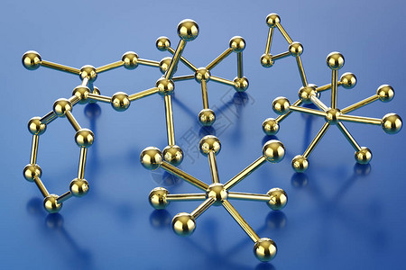 3d使金分子结构在蓝背景图片