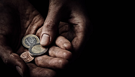 有几枚硬币的乞丐手关闭贫困概念背景图片