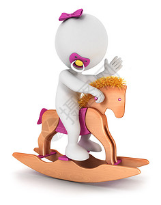 3D白人女婴骑着马玩具孤立的白色背图片