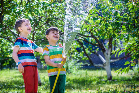 快乐的小男孩从软管里倒水男孩们在户外村庄的果园浇水玩得很开心儿童有趣图片