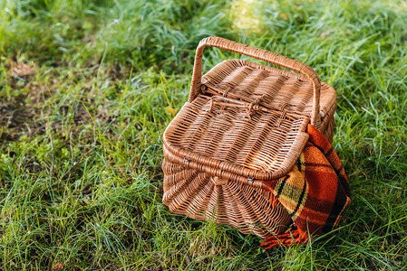 绿草上带地毯的柳条野餐篮的顶视图背景图片