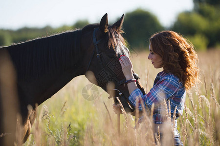 夏日傍晚草地上的年轻女子和马长焦图片