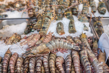 供在泰国街头食品市场或泰国曼谷餐馆销售的新鲜生海虾盛品图片