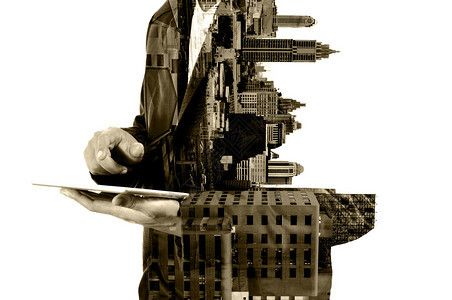 商人与城市建设的双重曝光手作为数字图片
