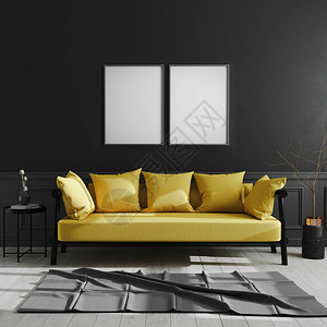 在深色现代室内背景中模拟黄色沙发图片