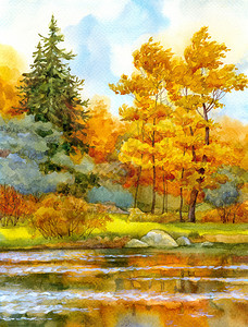秋天的湖边森林风景水彩绘画图片