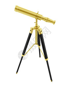 白色背景上孤立的三脚架上的金色望远镜图片
