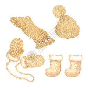 水彩画有感觉的靴子冬季黄毛帽和白色背景的温暖围巾图片