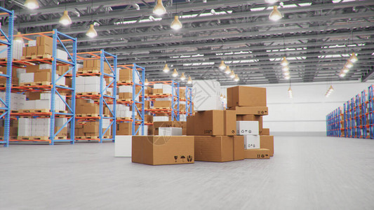 3D插图包裹递送包裹运输系统概念仓库中间的纸箱堆仓库里面有纸板箱背景图片