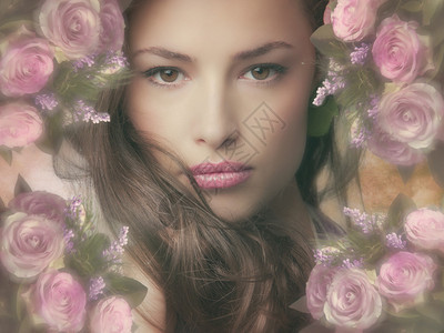 美丽的幻想女人与花框背景图片