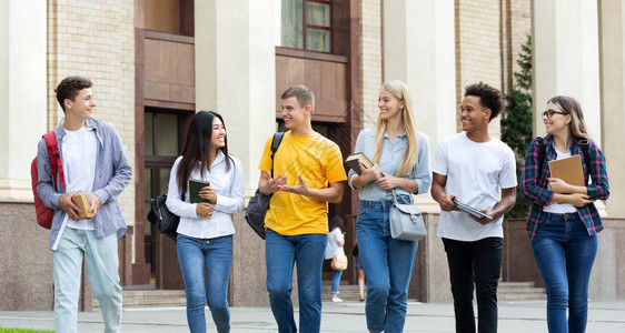 多种族学生在课间和交流全景期间与大学校舍对图片