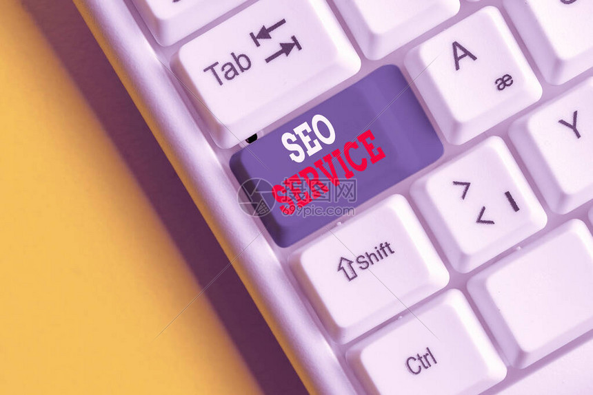 显示Seo服务的书写说明提高网站可见技术和程序的商业概念白色pc键盘