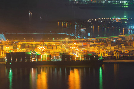 城市进出口业务和物流国际货物中的集装箱货船鸟瞰图在日本大阪港用起重图片
