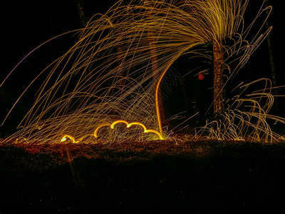 钢丝绒纺火圈产生螺旋火花背景图片