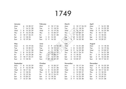所有月份的1749年老式日历背景图片