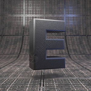 黑色字母E大写DLSR相机身塑料质感字母在金属地板上3D渲图片