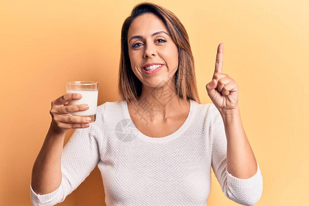 年轻漂亮的女人拿着一杯牛奶微笑着用一个想法或问题用快乐的脸指图片