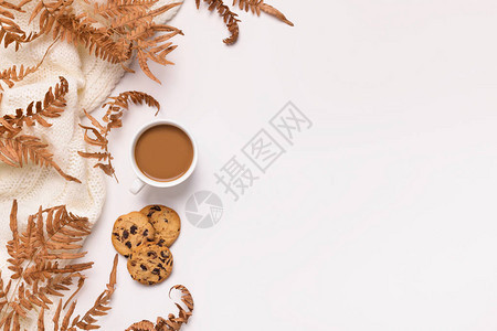 棕色枯叶和白底咖啡的秋边框架背景图片
