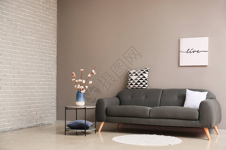 房间里靠近灰色墙壁的舒适沙发图片