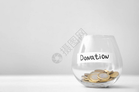 桌上有硬币的玻璃罐捐赠的概念背景图片