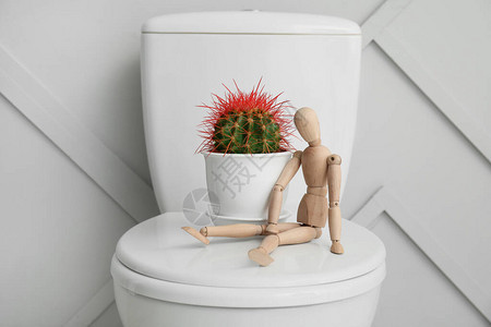 厕所里的马桶仙人掌和木制人形痔疮概念背景图片