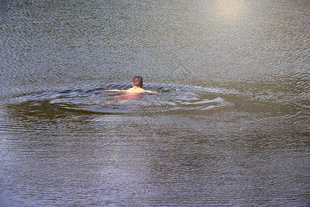 男人在平静的淡水湖中游泳游泳时图片