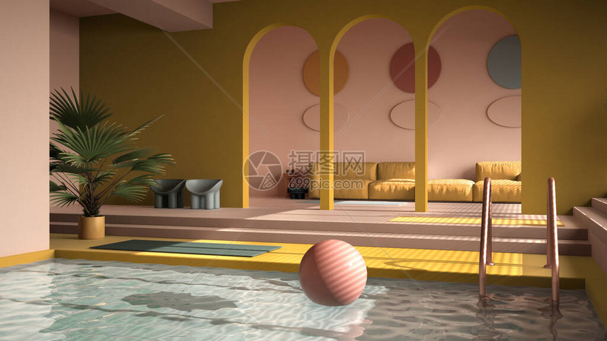 彩色现代客厅配有游泳池柔和的黄色沙发地毯装饰品台阶和盆栽植物铜吊灯室内设计氛图片