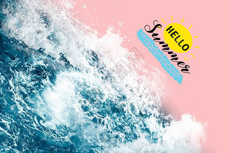 粉红色白背景上的蓝色海浪水你好夏天文本图片