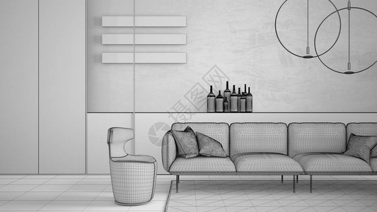 未完成的项目草图现代沙发扶手椅地毯混凝土墙面板和装饰吊灯室内设计氛图片