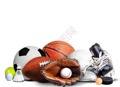所有赛季的体育设备电击球和都与白色背景和图片