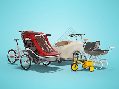 3d为儿童和双亲乘坐蓝色背景和影子的自行车骑者提供3图片