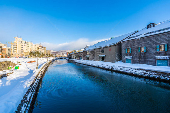 日本北海道冬季和雪季的大田运河风景美图片