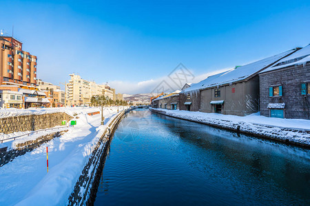 日本北海道冬季和雪季的大田运河风景美图片