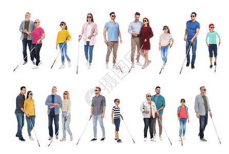 一组白色背景上长着拐杖的盲人图片