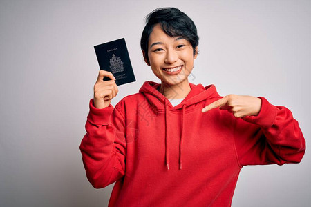 年轻漂亮的游客在度假时拿着加拿大护照图片