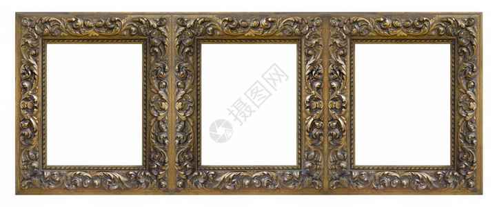 图片蒙版白色背景上孤立的绘画镜子或照片的三金框triptych带有剪切路背景