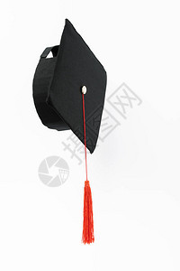 毕业帽与红色流苏隔离在白色背景图片