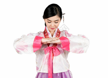 韩国传统服装Hanbok与白色背景脸图片