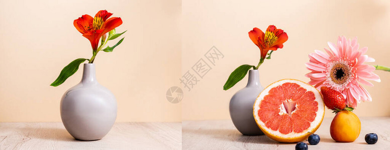 花果组合物与花瓶非洲菊浆果葡萄柚和杏在米色木质图片