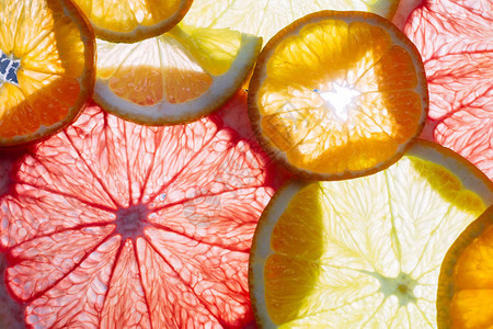 柑橘橙子葡萄柚和柠檬片非常特写宏观背景图片