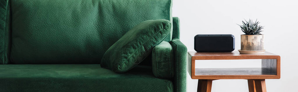 带枕头的绿色沙发和带植物和闹钟的木制咖啡桌的特写视背景图片