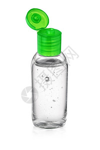 在白色背景上隔离的开瓶洗手液或消毒凝胶图片