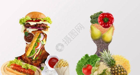 不健康食品与健康食品拼贴概念白色背景全景图上用各种产品制图片