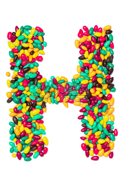 英文字母H来自白色孤立背景上的彩色圆形巧克力由儿童糖果制成的食物图案儿童设计图片