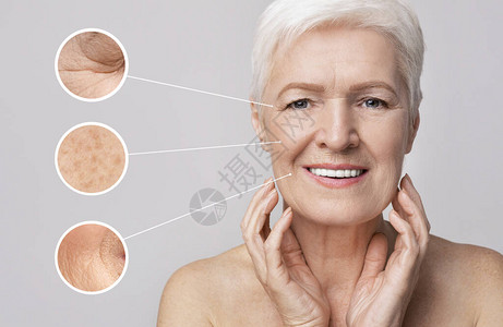 美人和皮肤护理将浅的美丽高龄妇女与带有皮肤衰老标志的放大图片