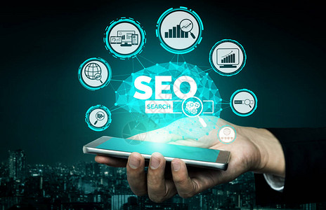 SEO在线营销概念的搜索引擎优化通过优化客户搜索和分析市场策略来显示关键字研究网站推广符号的背景图片