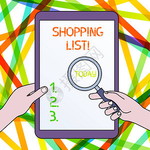 手写文本购物清单概念照片要考虑或购买的物品清单手握放大镜以防关闭触图片