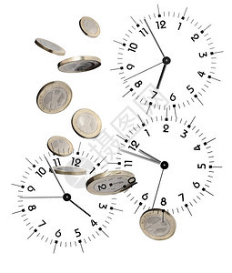 时间是金钱概念欧元硬币在白背景时钟图片